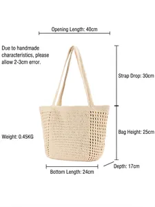 Handmade hollow woven straw tote bag in beige with dimensions and dual shoulder straps