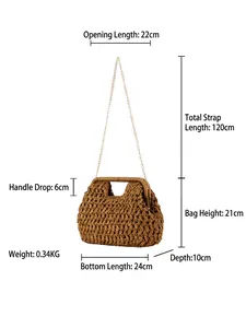 Borsa a tracolla intrecciata a mano con catena e dimensioni dettagliate su sfondo bianco