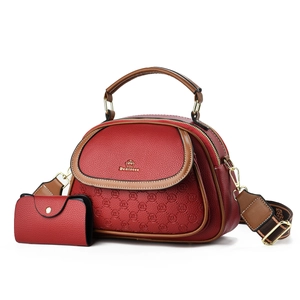 Red lychee leather tote bag set with bohemian strap and matching card holder