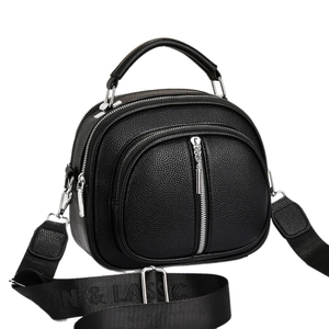 Litchi pattern black leather crossbody bag with multiple zippers and wide strap