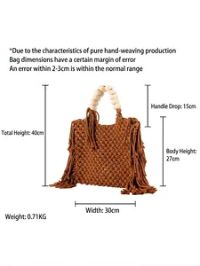 Handmade woven cotton rope handbag with fringe tassels and wooden bead handles for vacation