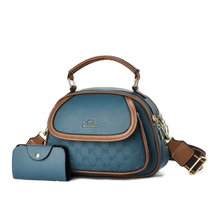 Blue lychee leather tote bag with brown trim and matching mini coin purse set