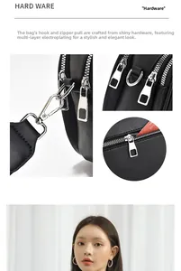 Detail of high-quality silver electroplated hardware and dual zippers on a black handbag