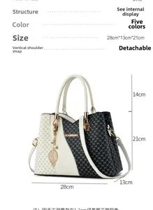 Detailed view of bicolor faux leather handbag with vintage patterns and product specs