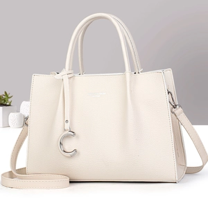 Women Tote Handbag Large Capacity Lychee Pattern PU Leather Shoulder Bag With Removable Strap And Metal C Pendant
