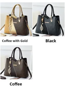 Three color variants of textured leather tote bags with metal leaf charm and logo detail