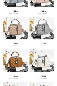 Detailed grid view of quilted handbags in blue, pink, khaki, grey, yellow, and white