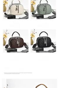 Detail of V-quilted camera bags with patterned wide straps and cute bear charms