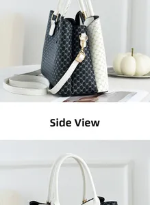 Side view of structured monogram tote bag with white leather handles and gold hardware