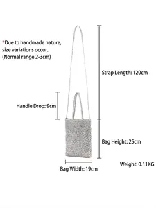 Silver crochet handmade crossbody bag with dimensions showing dual handle and shoulder strap