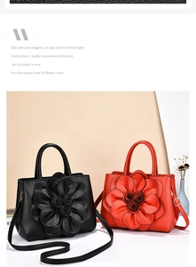 Close-up of stylish handbag with 3D floral accent and gold hardware details