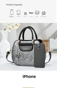 Detail view of snakeskin tote bag interior capacity with phone and power bank scale