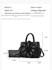 Size chart showing large black PU leather handbag and small zipper pouch dimensions