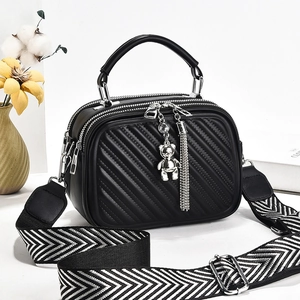 Women Quilted PU Leather Crossbody Bag Multi Pocket Shoulder Handbag With Wide Patterned Strap Bear Charm