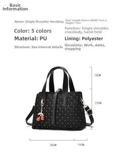 Detail der schwarzen gesteppten PU-Handtasche mit Kirschanhängern und Abmessungen