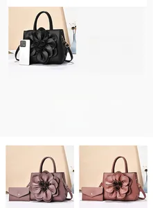 Detailed view of tote bag with 3D flower, showing size contrast and color options