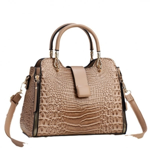 Brown crocodile pattern tote bag with dual handles and adjustable shoulder strap for women