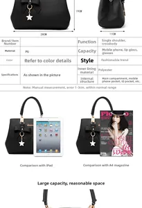 Detailed size guide and specifications for the black PU leather handbag with bow charm