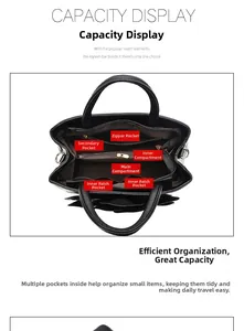 Internal structure of black leather tote bag with multiple storage compartments
