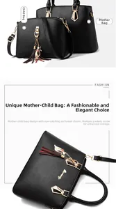 Detailed view of black PU leather tote and crossbody bag set with a golden cat charm