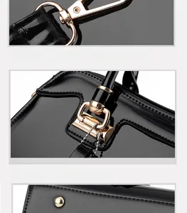 Detail of glossy black patent leather handbag featuring premium gold metal hardware and hooks