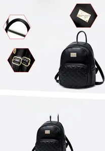 Dettagli macro dello zaino trapuntato nero con zip dorata e logo in metallo dorato