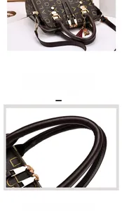 Detail of fashion handbag showing DIALDA monogram pattern and durable metal button buckle