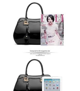 Detailed size comparison of black patent leather tote bag with iPad and ELLE magazine