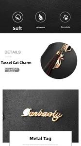 Detail of leather tote featuring a gold cat tassel charm and Danbaoly metallic logo