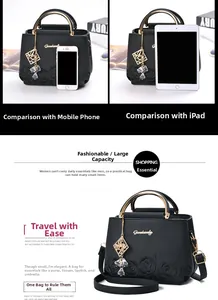 Size comparison of black floral crossbody bag with iPad and mobile phone showing capacity
