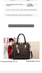 Size comparison of coffee printed handbag with iPad and A4 magazine for scale