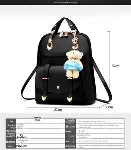 Detailed size specifications for the black PU leather backpack with teddy bear pendant