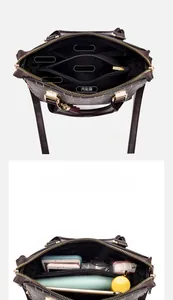 Detail view of the multi-compartment interior space for luxury monogram handbags