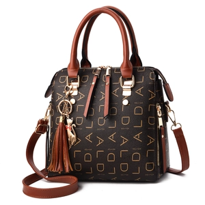 Women Fashion Handbag PU Leather Monogram Letters Print Shoulder Crossbody Bag With Cat Charm And Tassel Large Capacity
