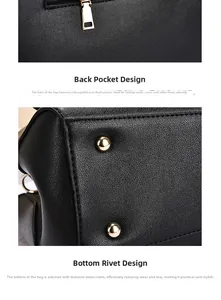 Detail of black lychee leather bag with anti-theft back pocket and metal base studs
