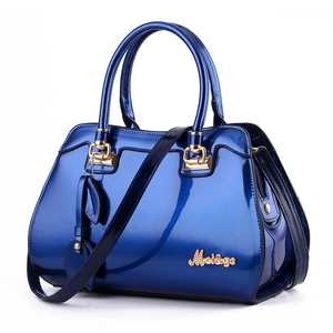 Glossy blue patent leather handbag with gold buckle and adjustable strap for women