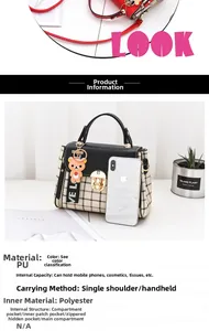 Detail showing the internal storage pockets and plaid texture of the PU leather handbag