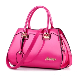 Fashionable rose pink glossy patent leather handbag for women with gold hardware