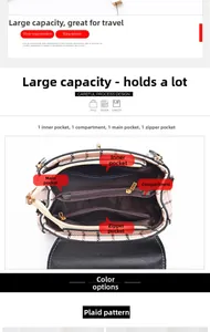 Detailed interior of checkered crossbody bag showing main, zip, and insert pockets