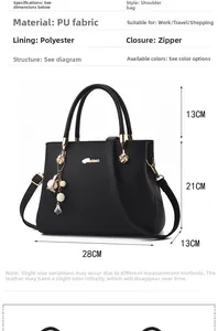 Detailed dimension guide for black pebbled PU leather handbag with 28x21x13cm size specs