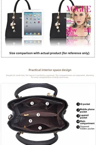 Detailed top view of black leather handbag interior compartments and size comparison with iPad