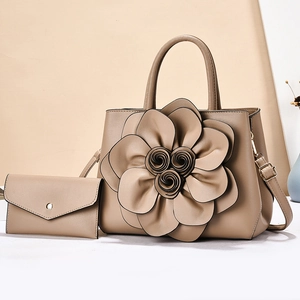 Elegant khaki leather handbag set with 3D floral accents and matching small wallet