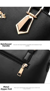 Detail of lychee pattern black leather tote with golden hardware and smooth zipper
