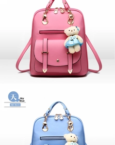 Pink and sky blue faux leather backpacks with cute bear pendants and gold hardware details