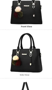 Detailed views of black pebbled leather tote bag with a decorative tricolor fur pompom