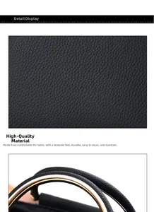 Detailed macro view of black litchi pattern PU leather and metal ring handle of the bag