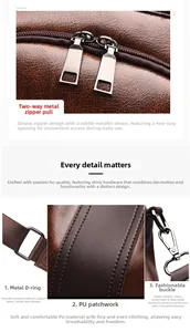 Detail of brown litchi pattern PU leather with metal zipper and D-ring hardware