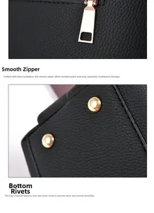 Detail of smooth metal zipper and four protective bottom studs on black leather bag