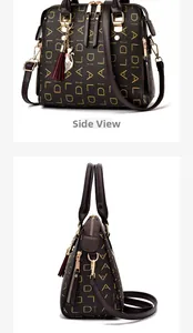 Detail of trendy tote bag with letter print, golden cat charm, and tassel accent