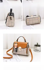 Detailed views of checkered beige crossbody bag with brown flap and cute bear charm